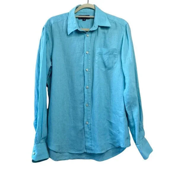 VILEBREQUIN Solid Linen Shirt Mens M Medium Blue Button Up Resort Beachwear - Picture 1 of 8